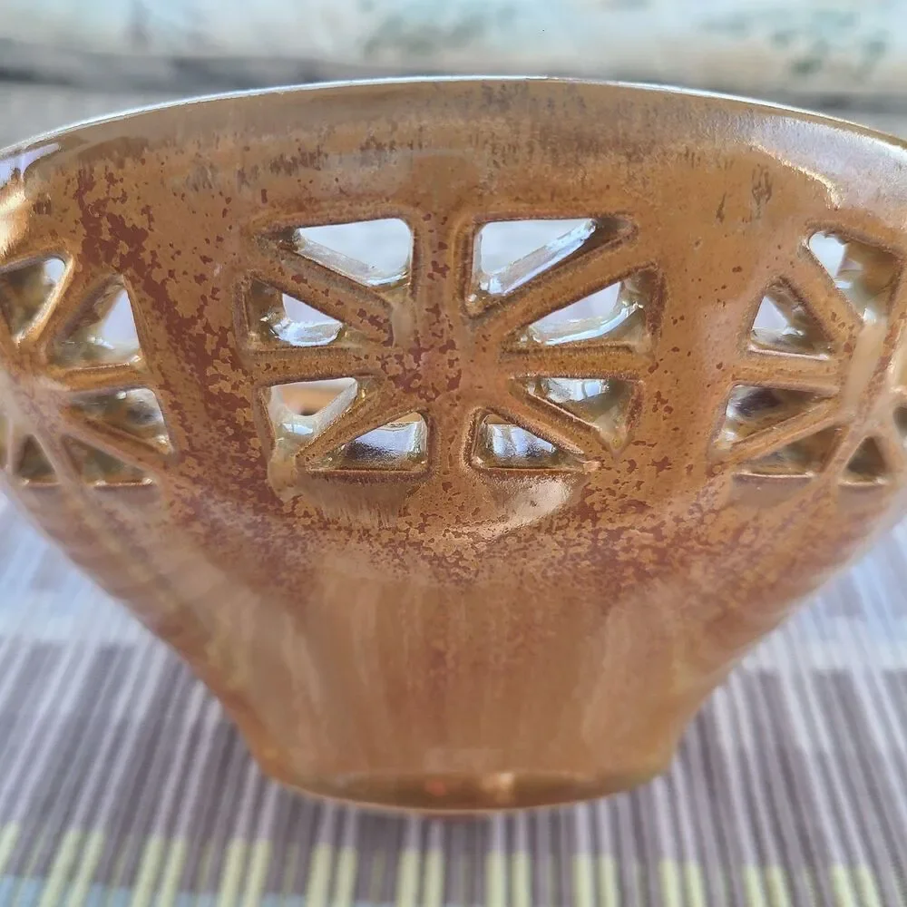 Vintage Clay Pottery Reticulated Bowl Earth-Tone Colors Handmade Artisan Pottery
